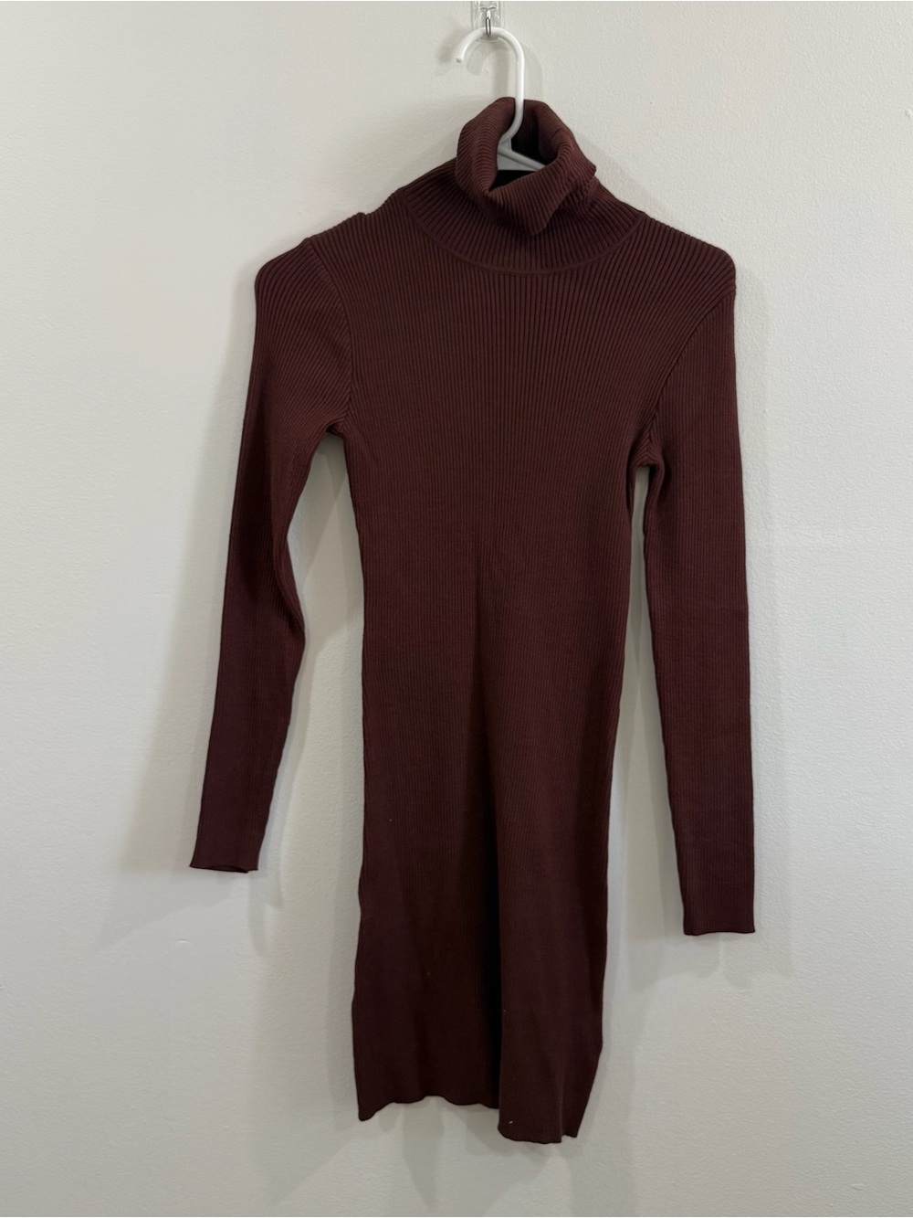Brown Ribbed Turtleneck Long Sleeve Dress